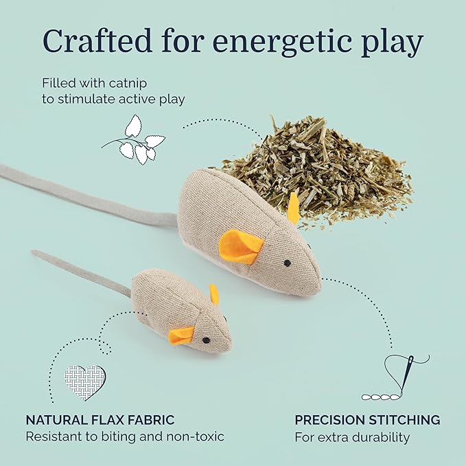 Hepper Catnip Mice Toy Set - Flax: Premium Catnip-Infused Mice Cat Toys for Endless Play, Multi-Textured Flax Fabric Ideal for Quiet Self-Play - 2 pcs Pet Toys for Cats for Kicking & Tossing