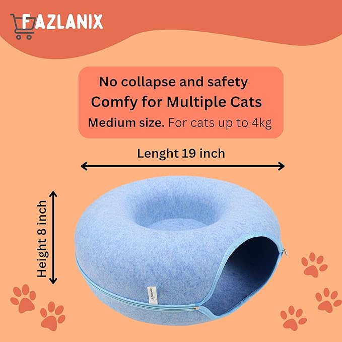 Medium Blue Pet Round Tunnel Cave | Toy Hiding Tent for Pets, Kittens, Rabbits, Puppies | Flexible Zipper Detachable Design Size 50x50x20cm, 0.72 Kg