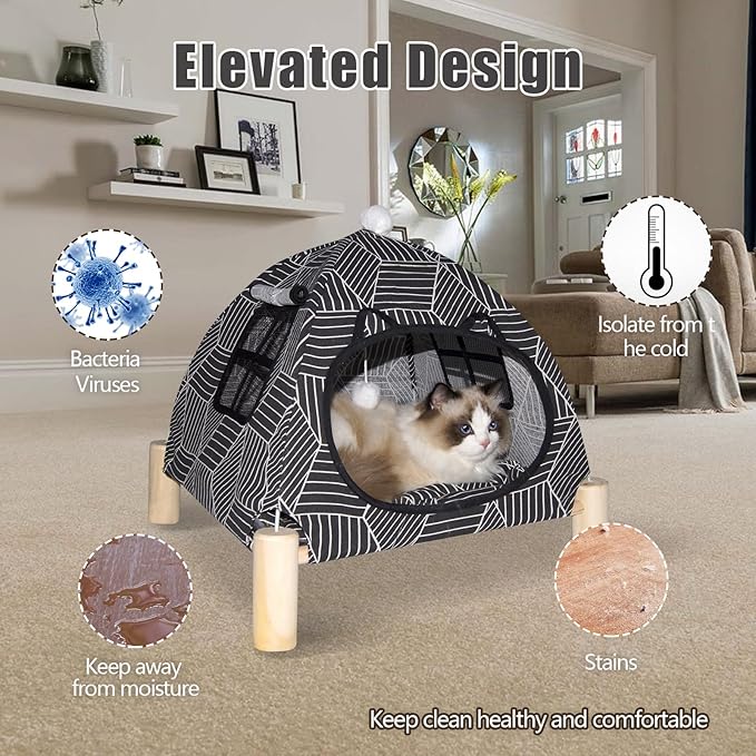 Pozico 2 in 1 Cat Bed Tent Wooden Frame Cat Teepee Cat Hammock, Quick Assembly and Disassembly, Portable Indoor/Outdoor Pet Dog Tent House for Cats Puppies Small Animals:Black Diamond Tent