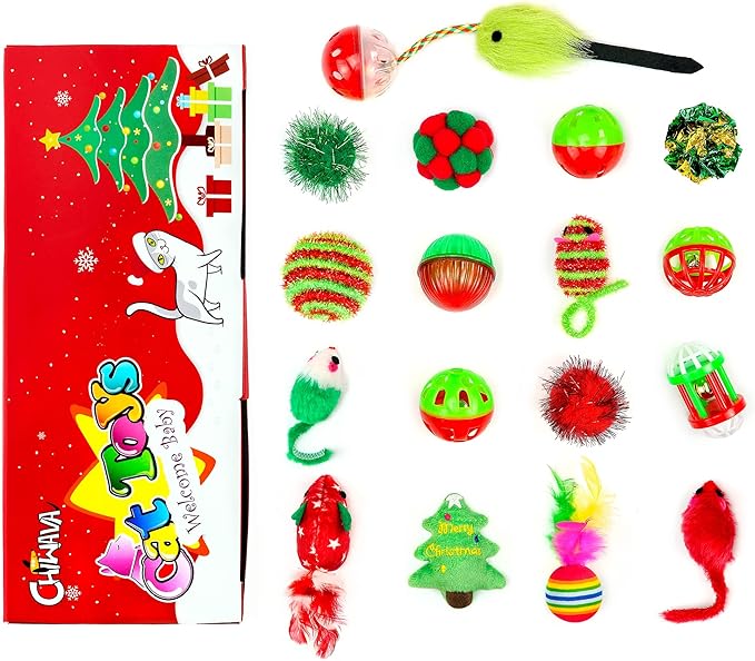 CHIWAVA 17 Pack Christmas Cat Toy Bag Set Assorted Toys Variety Pack Kitten Interactive Play