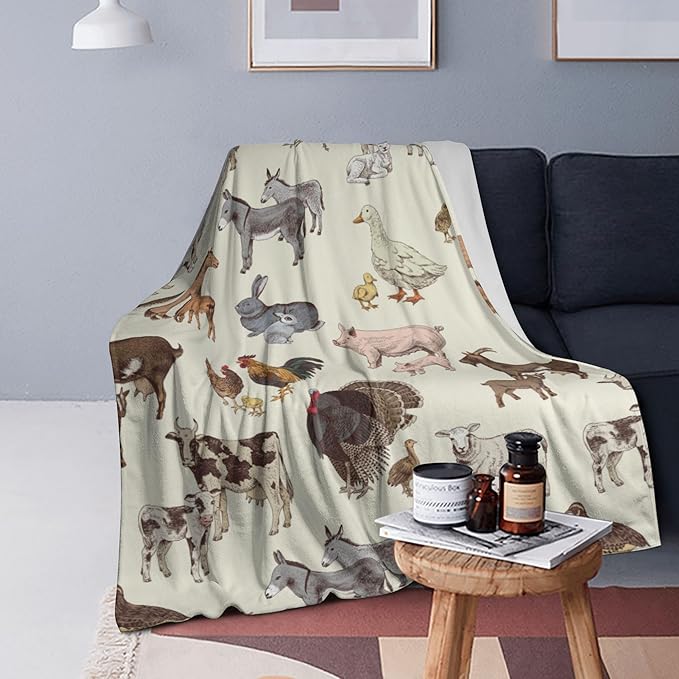 Farm Animal Blanket Throw 60"X50", Cozy Lightweight Plush Cow Chicken Pig Sheep Horse Rabbit Farm Animals Blanket, Gifts for Kids Women