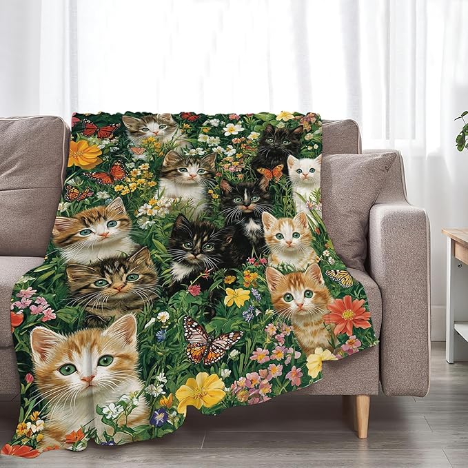 Cat Throw Blanket Ultra Soft Cozy Deer Flower Cats Blanket Fleece Fuzzy Plush Cat Lovers Decor Gifts for Women Girls Adults Couch Sofa 60"x50"