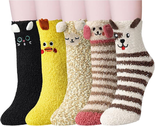 3-6 Pairs Womens Fuzzy Socks Cozy Fluffy Slipper Socks Cute Soft Cat Animal Winter Warm Sleep Socks Gifts