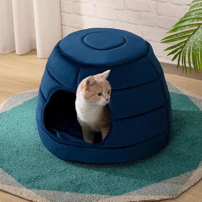 Hollypet Cat Bed for Indoor Cats - Cat Cave Bed, 2 in 1 Cat House, Cat Tent with Removable Cushioned Pillow, Soft and Self Warming Kitten Beds, Cat Beds & Furniture, Puppy or Small Pet Bed, Blue Haze