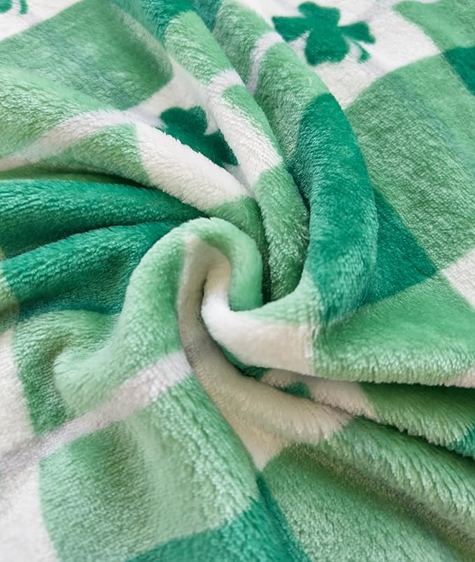 Elegant Comfort Velvet Touch Ultra Plush St Patricks Day Lucky Spring Green Clover Shamrock Irish Printed Fleece Throw/Blanket-50 x 60inch, Lucky Plaid Clover