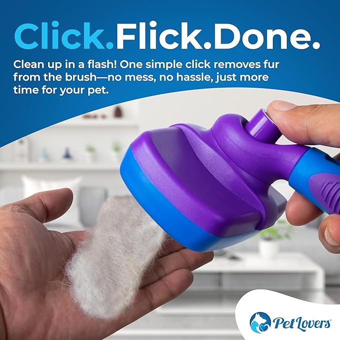 PetLovers EzSlicker Self-Cleaning Brush - Dog Brush for Shedding, Gentle Slicker Brush for Cats, Tangle-Free Grooming Comb with Soft Bristles & Ergonomic Handle for Stress-Free Grooming (Purple)