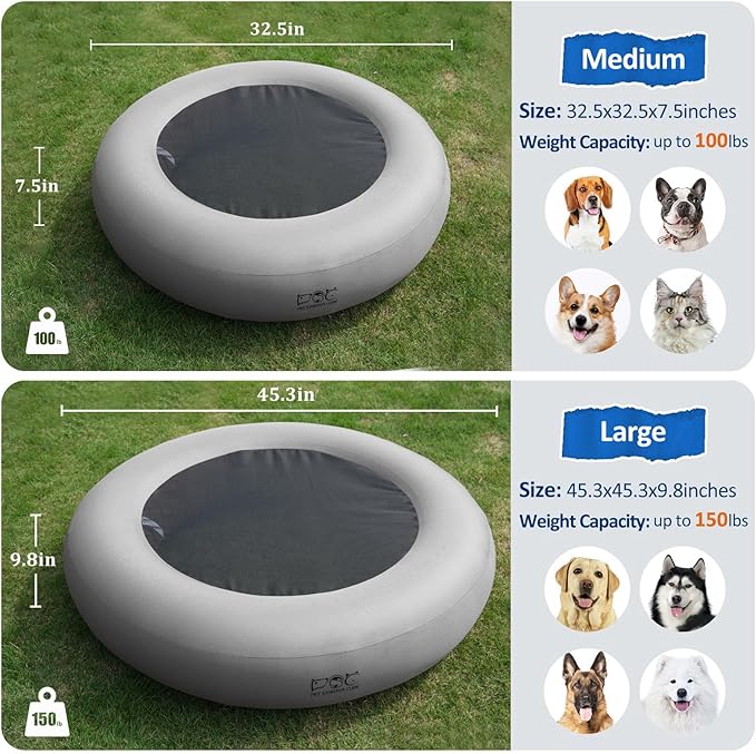 Elevated Dog Bed,Inflatable Dog Bed Raised,Pet Cushion Sofa for Medium Dogs,Portable Dog Cot Doughnut Round Stand,Waterproof Dog Bed Frame for Indoor,Outdoor(Grey)