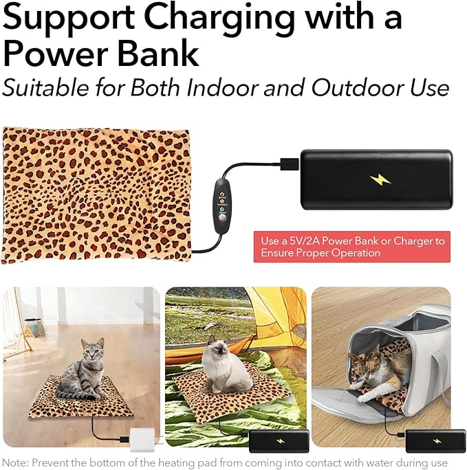 Portable Heated Pad for Cat, Puppy and Small Pet, 3-Temperature Settings, Washable, Safe 5V Voltage, Power-Bank Powered, Ideal for Indoor and Outdoor Use. 15" x 19" x 0.6" (Leopard Print)