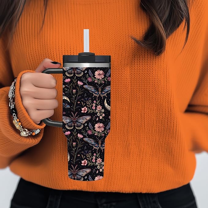 AMZUShome 40 OZ Goth Butterfly Tumbler with Handle.nique Birthday Christmas Gifts for Goth Lover.Personalized 40 OZ Goth Butterfly Tumbler Gifts for Women Men.