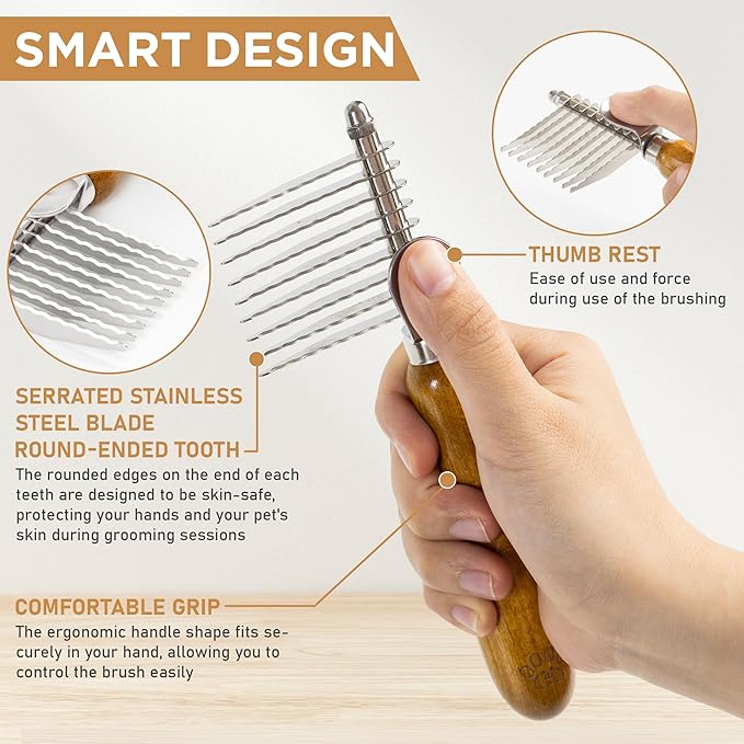 TAKAVU Dematting Fur Rake Comb Brush for Dogs and Cats, Safety Steel Blades Detangling Pet Brush, Undercoat Grooming Brush Cutting and Removing Dead Matted Knotted Hair for Doodles Poodles Terrier