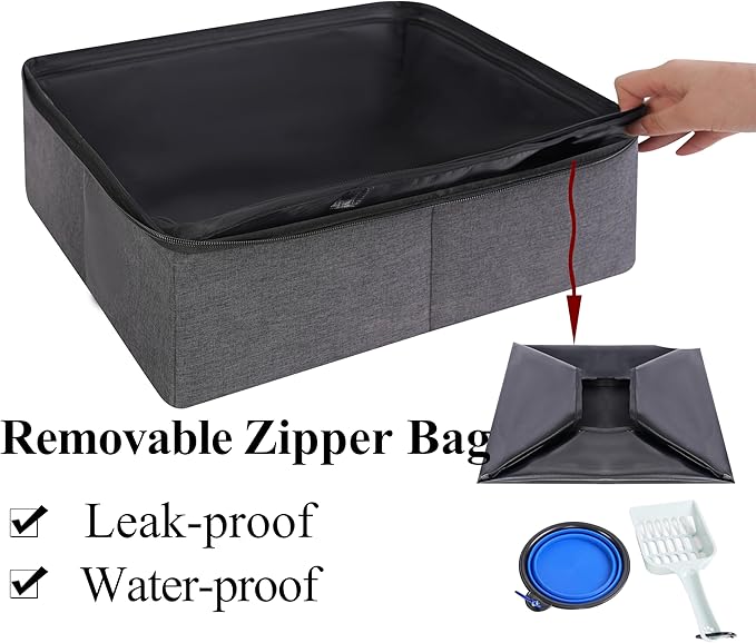 apollo walker Portable Cat Travel Litter Box with Zipped Waterproof Bag,Collapsible Litter Carrier for Cat with Zipped Lid and Handle, No Leakage, No Smell, Easy to Carry and Use in Hotels, Car Gray