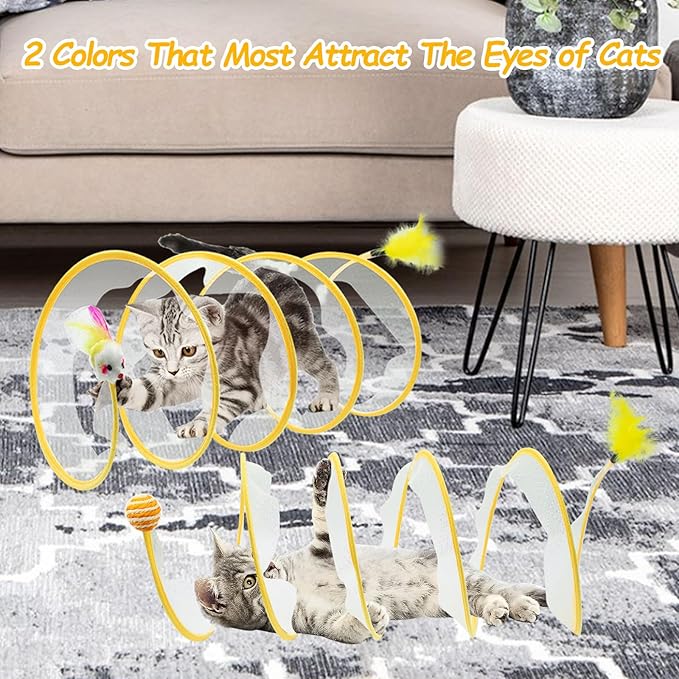 2 Packs Folded Cats Tunnel, Cats Tunnels Toy for Indoor Cats, Collapsible Cats Tubes Played Tunnel Spring Pet Cats Tunnel Bed Interactive Toys with Feather Mouse Hemp Ball for Kitten Yellow