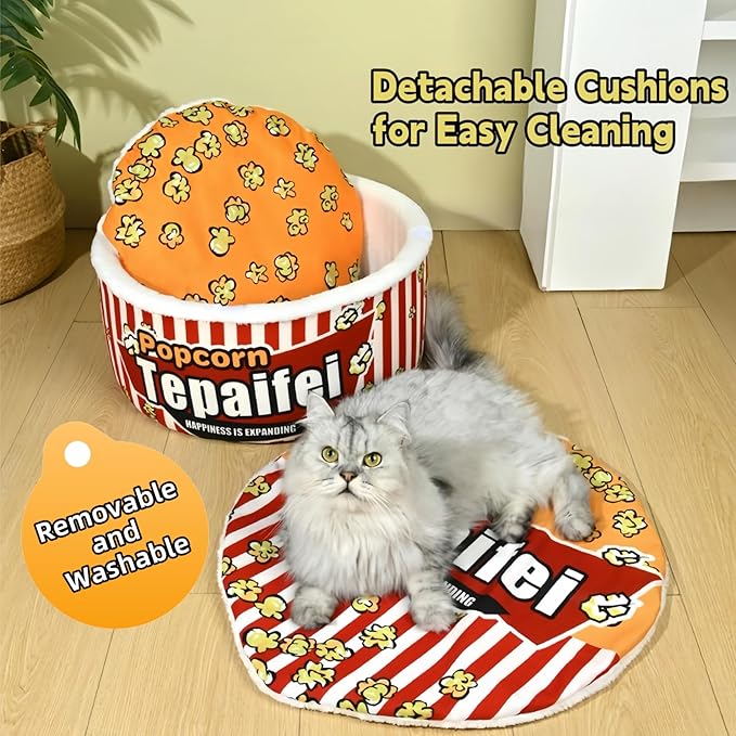 Popcorn Dog and Cat Bed - Warm Cat House for Indoor Cats, Ultra Soft Calming Dog Bed with Removable Washable Cushion for Small, Medium, and Large Dogs and Cats -Cream