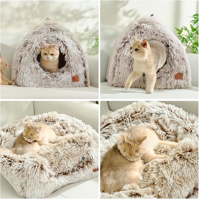 CATISM Cat Bed, Cat Cave for Indoor Cats, Soft Cat Dome, Self-Warming 2 in 1 Foldable Pet Cat House with Washable Cushioned Pillow Calming Fluffy Dog Beds for Small Dogs with Anti-Slip Bottom Brown