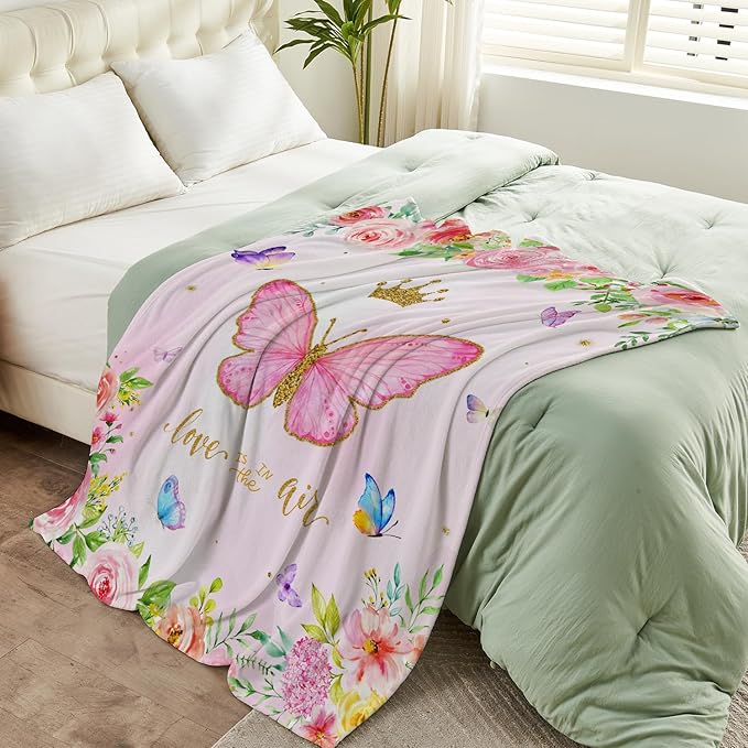 Butterfly Throw Blanket for Girls Teens Women Toddler Watercolor Blanket Soft Fuzzy Flannel Bed Blanket Plush Butterfly Birthday Gifts for Women Girls Mom Kids Teens Adults,60”x80”