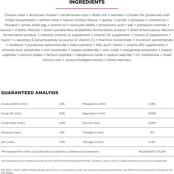 Go! Solutions Skin + Coat Care, Dry Cat Food, Chicken Recipe with Grains, 3 lb Bag