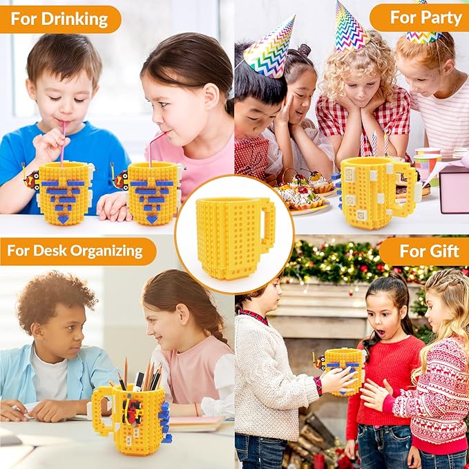 Build-on Brick Coffee Mug, Funny DIY Novelty Cup with Building Blocks Creative for Kids Men Women Xmas Birthday (Yellow)
