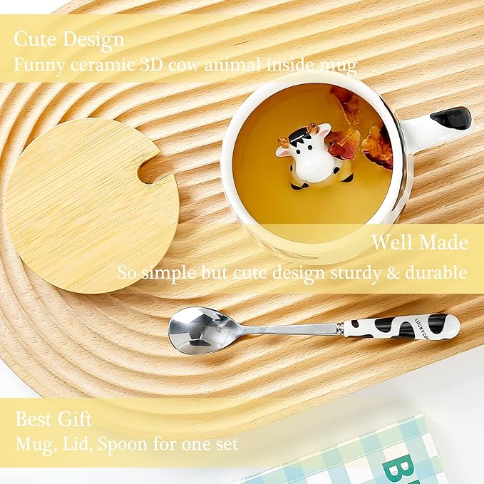BigNoseDeer Cute Ceramic Cow Mug with 3D Cow Inside,Cow Print Coffee Mug,Cute Mugs with Lid Spoon,Cute Stuff Cool stuff Birthday Gifts Anime Gifts for Women Girlfrend Kids13oz
