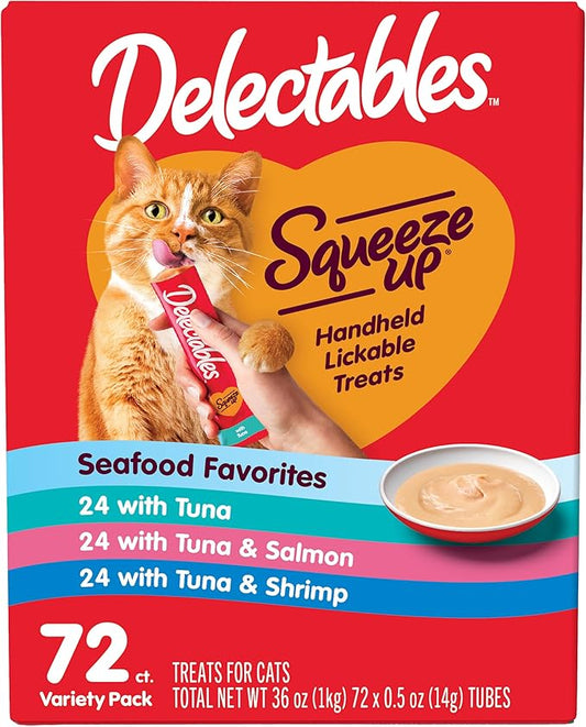 Delectables Squeeze Up Seafood Variety Pack, Creamy Squeezable Puree, Lickable Wet Cat Treats, Grain Free, No Added Fillers, No by-Products, No Added Preservatives, 0.5 Ounces Tube, 72 Tubes Total