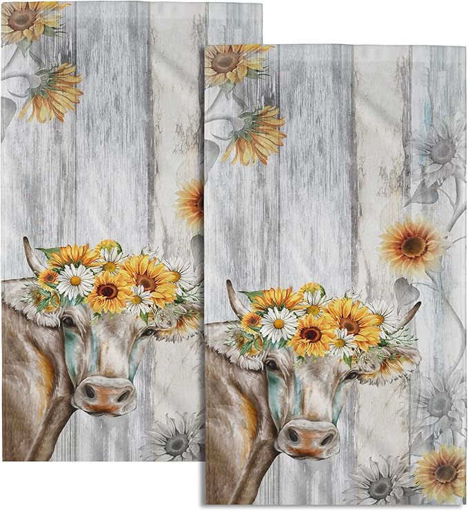 Vintage Sunflower Hand Towel Set of 2 Farm Cow Face Towels Cotton Soft Absorbent Kitchen Dishcloth Washcloths for Bathroom Home Gym