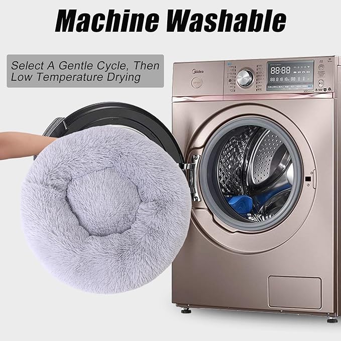 Calming Dog Bed, Dog Beds Fits up to 40 lbs Pets, Fluffy Donut Dog & Cat Bed Washable, Round Anti Anxiety Dog Bed, Small Dog Bed with Non-Slip Bottom (Light Grey, 28" x 28")