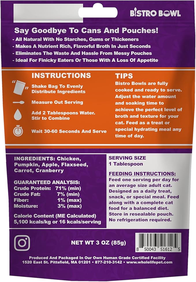 Whole Life Pet Freeze Dried Cat Food - Human-Grade Wet Cat Food Toppers & Complement, Natural Broth for Cats, Hydrating Snacks, Lickable Treats, Just Add Water – Shredded Chicken, 3 Oz