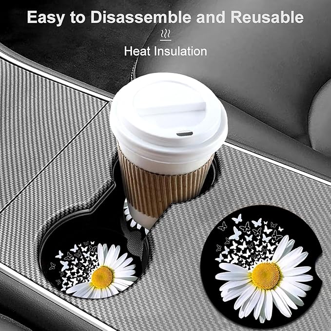 Car Coasters for Cup Holders,2 Pack White Daisy Butterfly Car Cup Holder Coasters,2.75" Universal Size Anti Slip Rubber Mat,Automotive Cup Holder Decal Decor Accessories,Daisy Gifts for Women,Men