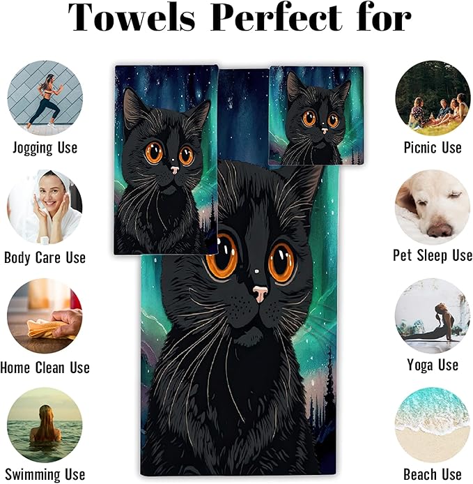 Gaming 3 Piece Towel Bathroom Sets, 1 Bath Towel, 1 Washcloth, 1 Hand Towel, Cotton Fast Dry Soft Absorbent Towel Set for Home Kitchen Family (Black Cat Watercolor)