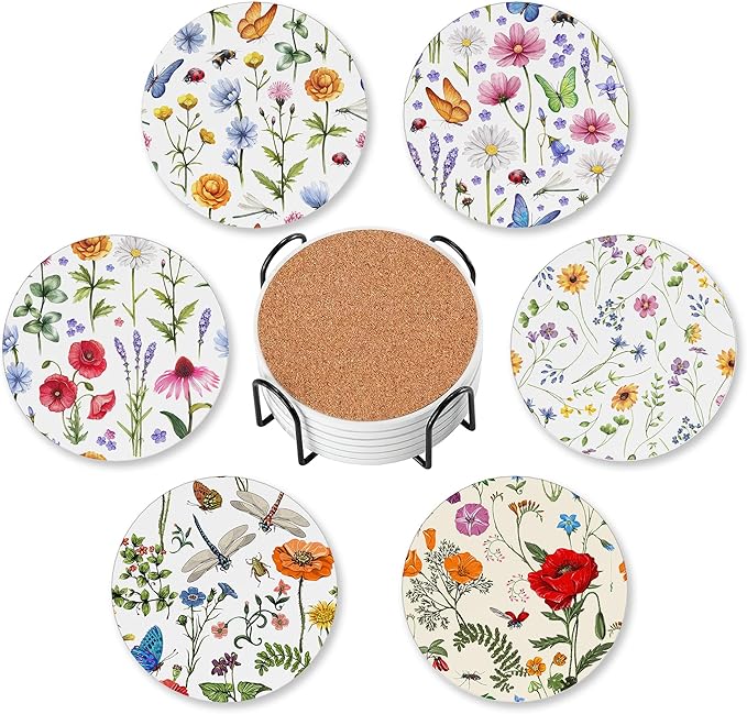 6 Pcs Drink Coasters with Holder,Botanical Flowers Absorbent Round Ceramic Coaster for Tabletop Protection,for Coffee Cup Beverage Coasters Wine Beer Bar