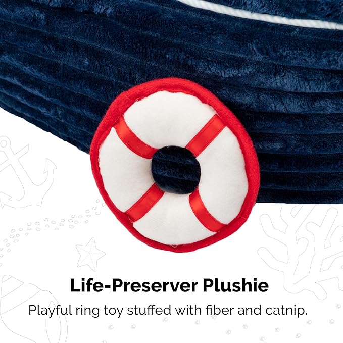 Furhaven Soft & Cozy Cat Bed w/ Catnip Toy for Indoor Cats, Washable w/ Removable Pillow Cushion Insert - Corduroy Boat Bed - Blue, Small