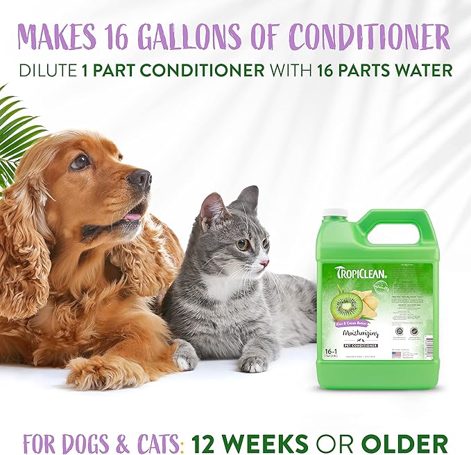 TropiClean Cat & Dog Conditioner, Puppy & Kitten Safe, Easy Detangling & Moisturizing, Kiwi & Coco Butter Scent, Made in the USA, 1 gallon