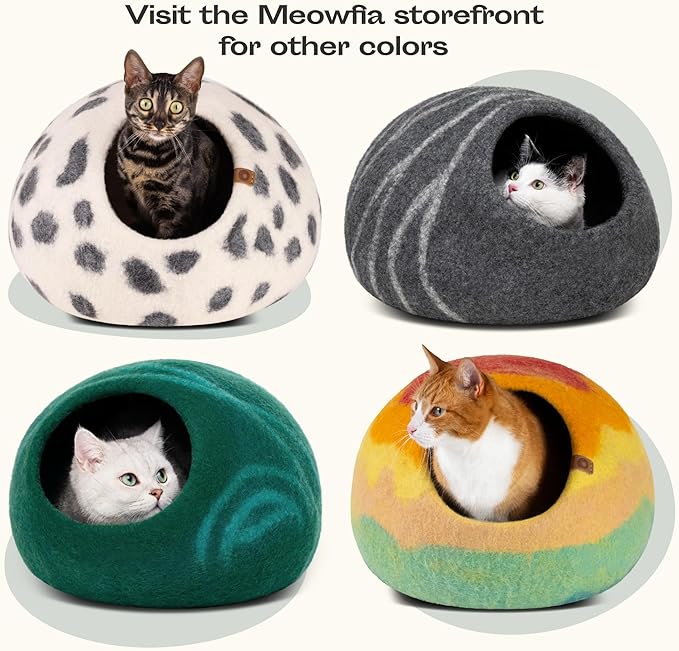MEOWFIA Cat Cave – Premium Felt Cat Bed for Indoor Cats, Handmade 100% Merino Wool (Dark Shades) (Medium, Black Aqua)