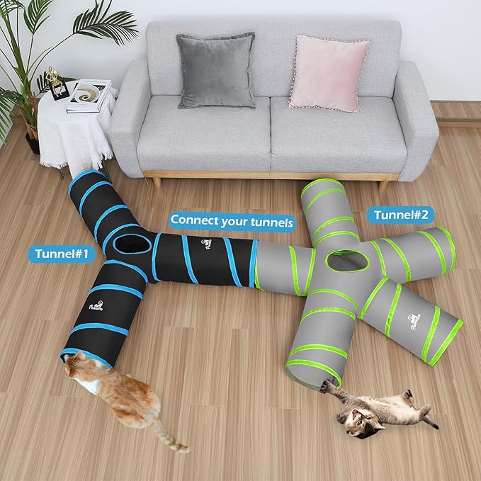 Pawaboo Cat Toys, Cat Tunnel Tube 5 Way Tunnels 25x53cm Extensible Collapsible Cat Play Tent Interactive Toy Maze Cat House with Balls and Bells for Cat Kitten Kitty Rabbit Small Animal, Grey+Green
