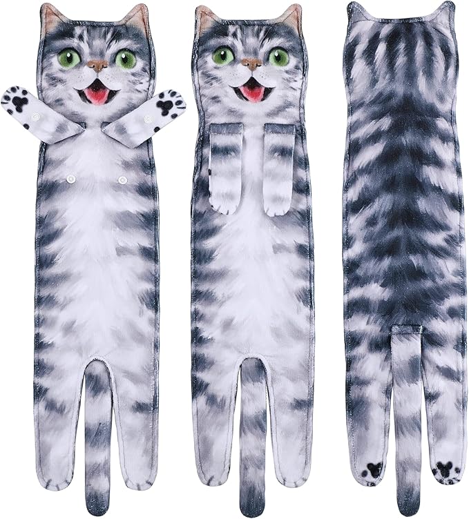 Funny Hand Towels for Bathroom Kitchen - Cute Decorative Cat Decor Hanging Washcloths Face Towels Super Absorbent Soft - Mothers Day Easter House Warming Birthday Gifts for Women Cat Lovers - Gray