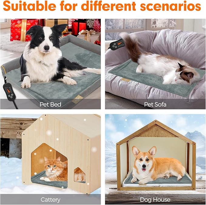 Vannon Pet Heating Pad, Heated Cat Dog Bed with Chew Resistant Cord, 5 Timer and 6 Level Temperature Indoor Warming Mat for Small Dogs and Cats, Waterproof & Overheat Protection, 17.7" × 17.7"