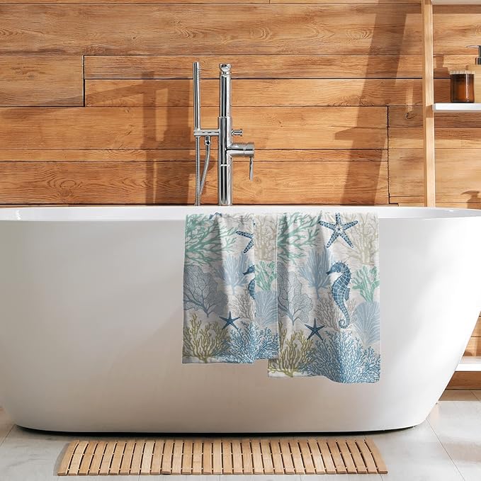 Blue Coral Hand Towels Set of 2 Sea Horse Decorative Bathroom Towels Super Soft Absorbent Towels for Yoga Gym Spa Kitchen 28x14 Inch