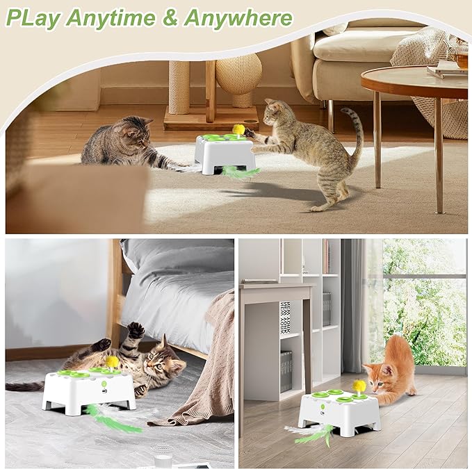 Cat Toys, Interactive Cat Toys, 2-in-1 Automatic Cat Toy, 4 Holes Mice Whack A Mole Cat Mouse Toy with Moving Feather, Portable USB Rechargeable Electronic Kitten Toys (White)