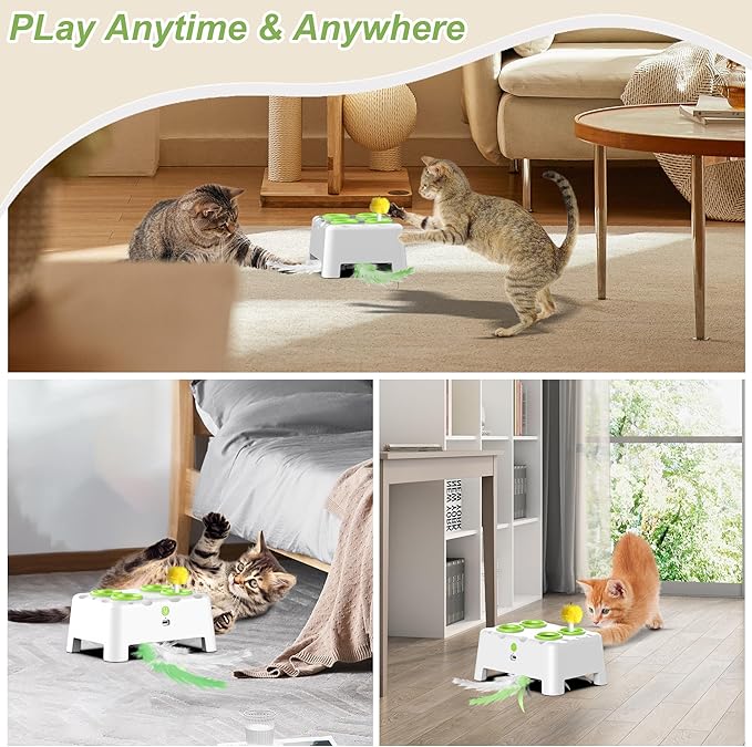 Cat Toys, Interactive Cat Toys, 2-in-1 Automatic Cat Toy, 4 Holes Mice Whack A Mole Cat Mouse Toy with Moving Feather, Portable USB Rechargeable Electronic Kitten Toys (White)