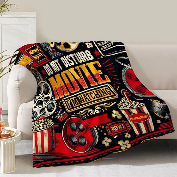Movie Theme Blanket Gifts for Women Men Girls Boys Cinema Popcorn Film Reel Print Presents for Kids Adults Teen Birthday Christmas Decor Bedroom Living Room Couch Sofa Soft Cozy Flannel Throw 60"x50"
