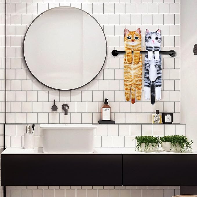 Cat Funny Hand Towels for Bathroom Kitchen- Cute Decorative Kitten Decor Hanging Face Towels- Unique Housewarming Valentines Mothers Birthday Gifts for Women Mom Cat Lovers