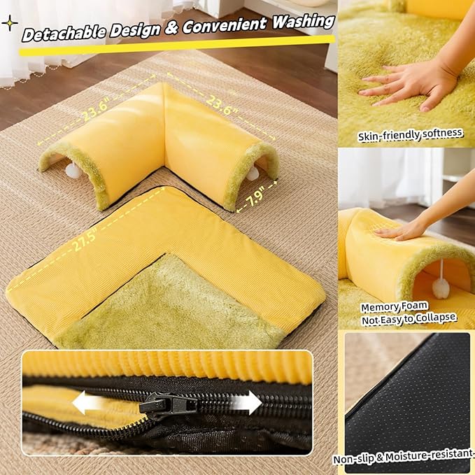 Detachable Cat Tunnel Bed Stylish Pet Play Tunnel with Bed Perfect for Kittens,Cats,Puppys,Rabbits and Ferret,Plush Cat Toys for Fun and Rest,Included A Hair Scraper.Great Gift for Cats