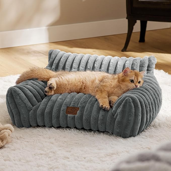 Bedsure Cute Cat Couch for Pets - Fluffy Cat Sofa with Premium Soft Corduroy Fleece, Fuzzy Cat Couch Bed with Removable Washable Cover, Supportive Cat Chair for Indoor Cats, 24inch, Warm Grey