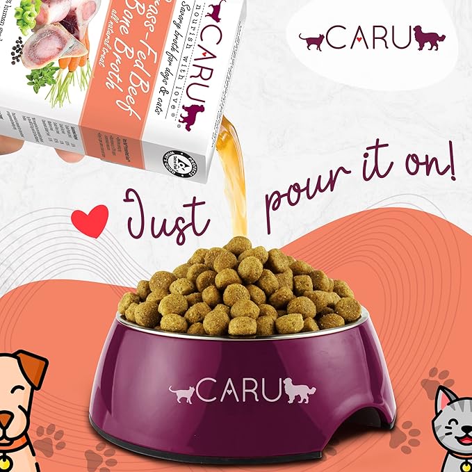 Caru - Grass-Fed Beef Bone Broth for Dogs and Cats, Moistens Dry Food or Pour Over Freeze Dried Raw Food, Grain and Gluten Free, Non-GMO Ingredients (1.1 lbs).