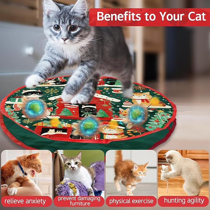 Interactive Christmas Cat Toy – Rechargeable Motion-Activated Rolling Ball in Plush Pouch with LED Light Mouse, Perfect Indoor Hunting and Exercise Toy for High-Energy and Bored Cats