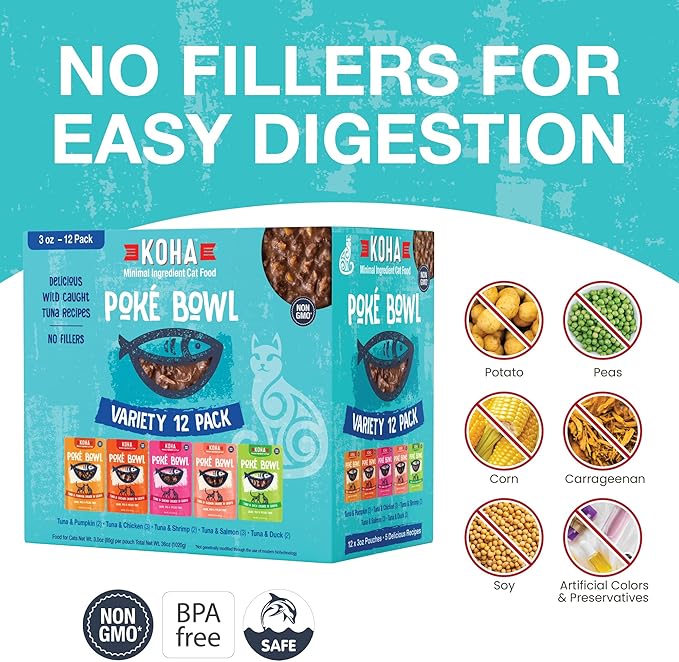 KOHA Pet Food Poké Bowl Cat Variety Pack, Wet Cat Food in Gravy - 5 Flavors - Tuna Combinations of Salmon, Chicken, Duck, Shrimp, and More - 3 oz Pouches, Pack of 12