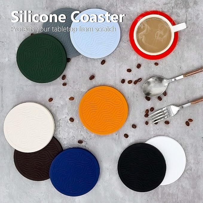 6-Pack Terazzo Silicone Coasters with Deep Tray Holder - Double-Sided Drink Coasters - Beverage Mats for Hot or Cold Drinks - Thick, Non-Slip, Non-Stick Silicone with Ceramic Insert