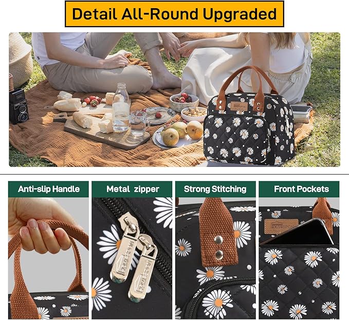 Buringer HOMESPON Lunch Bag for Woman Man Adults with Front Pocket Insulated Lunch Tote Lunch Box Container for Work Picnic or Travel（Daisy）
