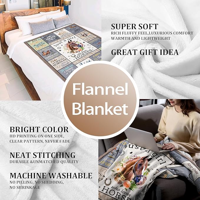 Horse Blanket for Girls and Women, Just A Girl Who Loves Horses Throw, Lovers Birthday Gifts Decor 50" x 40"