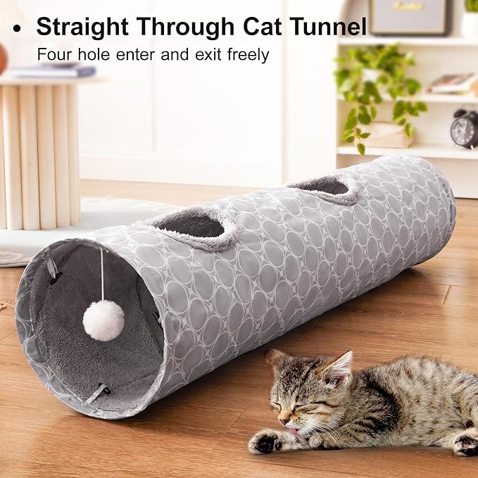 Love’s Cabin Straight Cat Tunnel Tube Fleece-Lined in for Warmth, Cat Tunnels for Indoor Cats Collapsible with Balls, for Rabbits, Kittens, Puppy, Geometric Cat Toys Large Diameter 11 Inch Grey