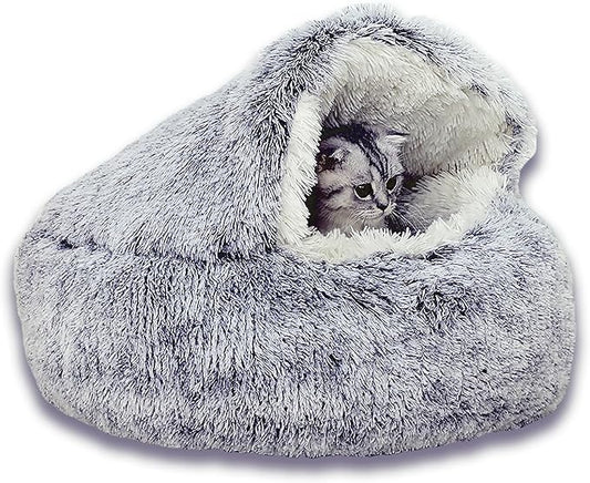 Cat Cave Bed Round Plush Fluffy Hooded Cat Bed Cozy Cats beds Cushion Sofa for Small Dogs Pet Beds Doughnut Calm Anti-nxiety Dog Bed - Waterproof Bottom Washable